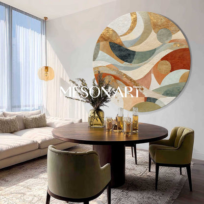 Bauhaus Geometric Abstraction – Textured Round Canvas in Earthy Tones