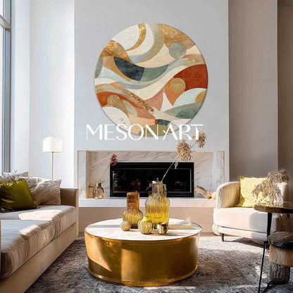 Bauhaus Geometric Abstraction – Textured Round Canvas in Earthy Tones