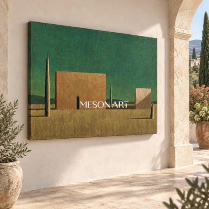 Green And Brown Surrealist Metaphysical Art Rectangular Architectural Painting For Living Room By Mesonart