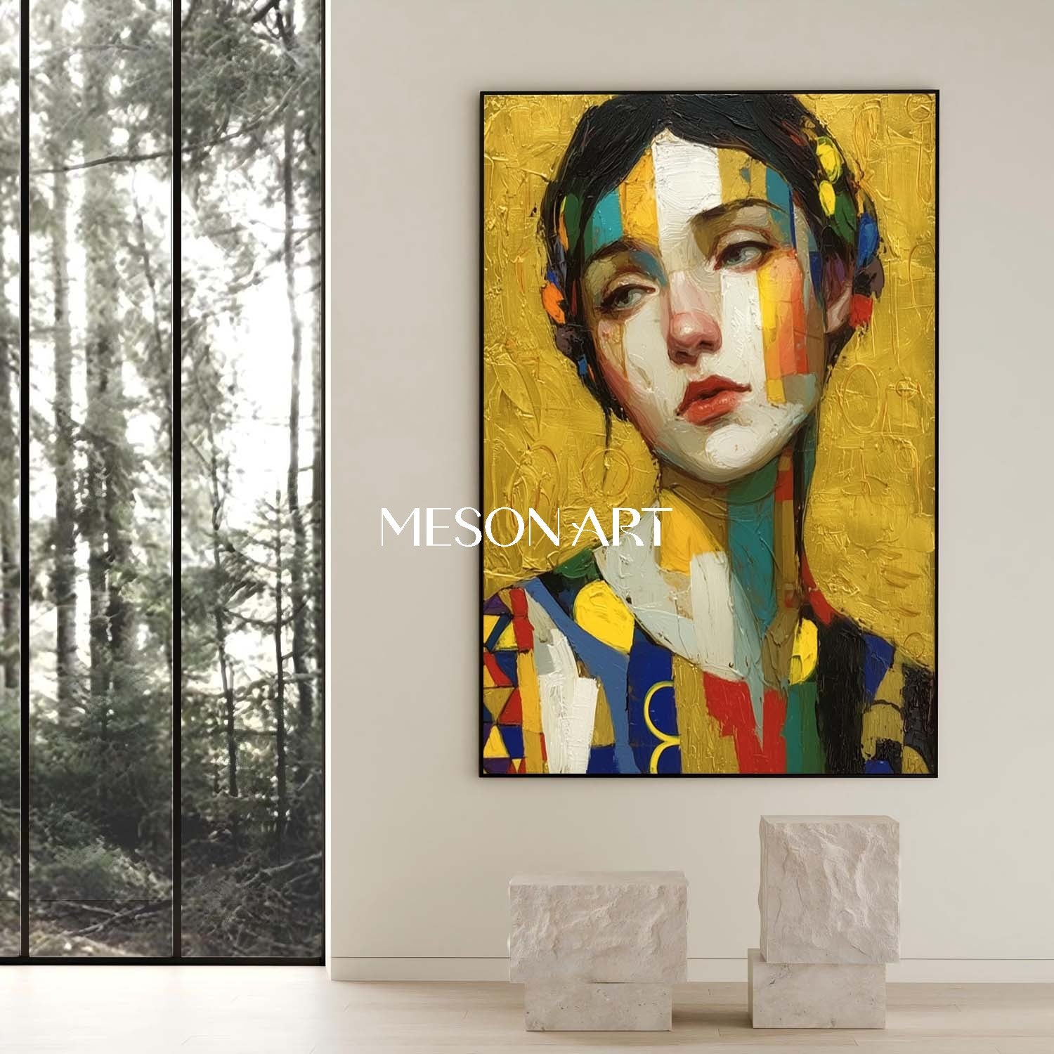 Klimt-inspired Abstract Art Portrait Vibrant Gold Textured Canvas