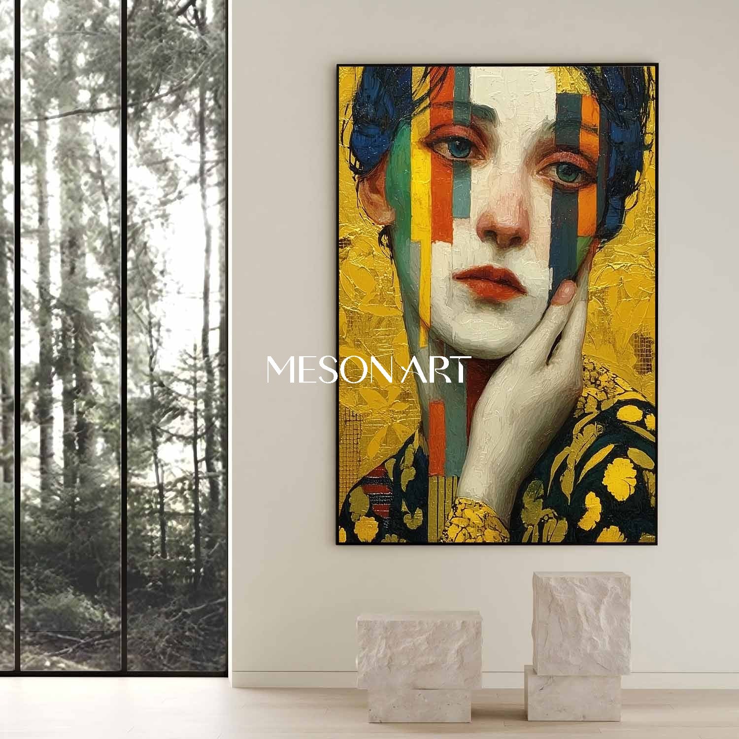 Gold Neo-Deco Klimt Inspired Abstract Painting Entryway Wall Art Decor