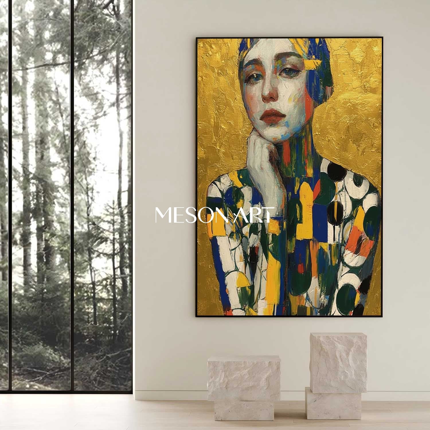 Gold Hand Painted Textured Abstract Art Vertical Entryway Wall Canvas