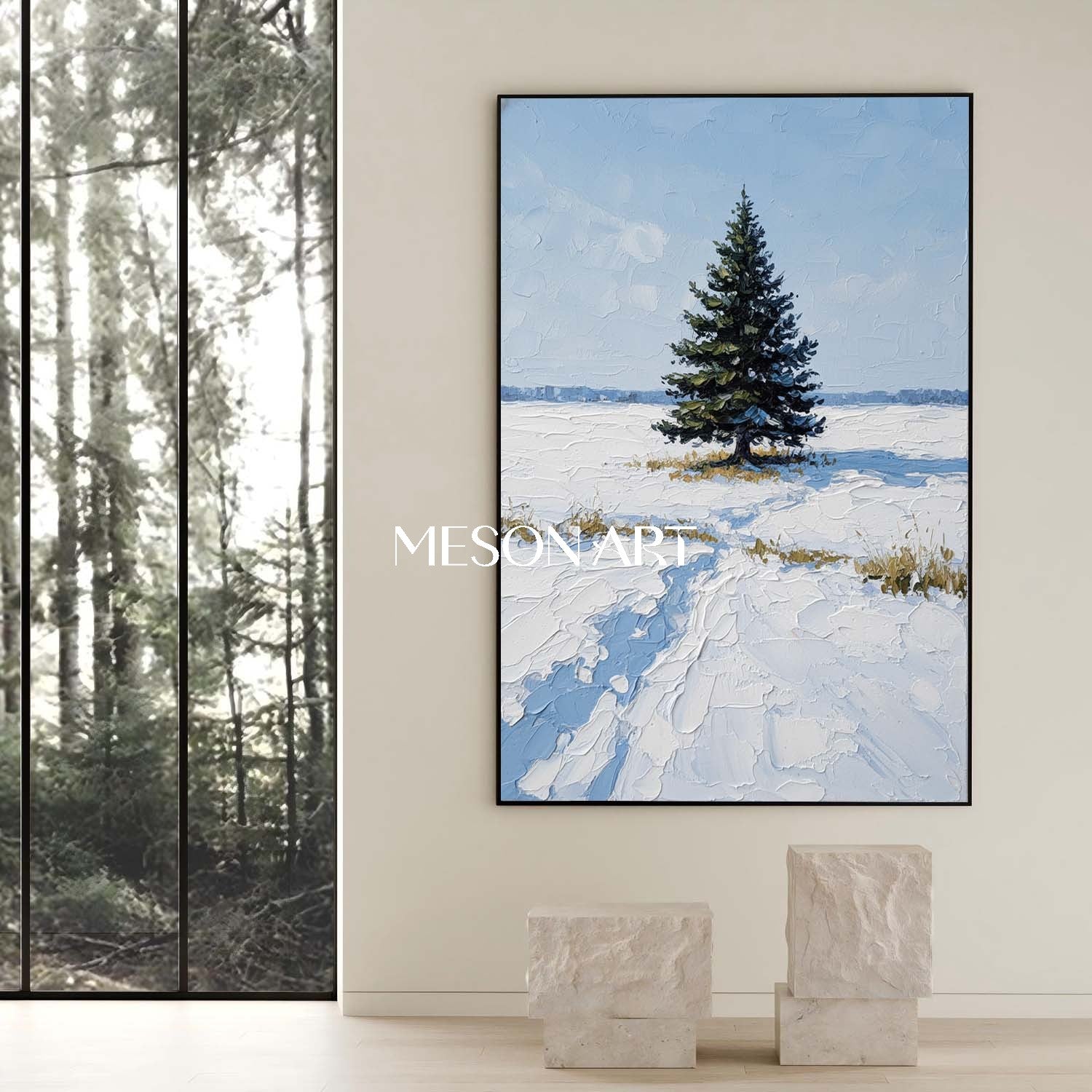 Abstract Lonely Christmas Tree Winter Art Snowscape Ready to Hang