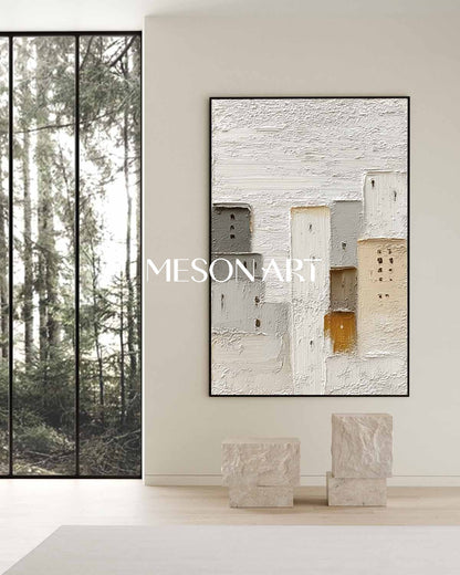 Large 3D City Texture Painting Cream Minimalist City Abstract Canvas Art Urban Minimalist Wall Art