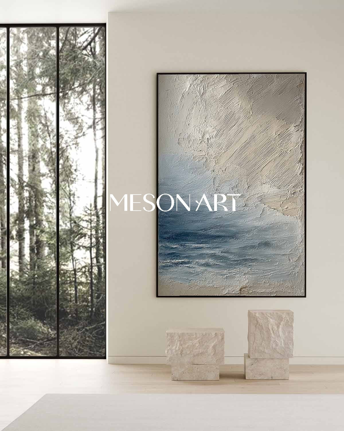 Large 3D Blue And Beige Abstract Canvas Art Abstract Sea Texture Paintings Sea Wall Art Decor