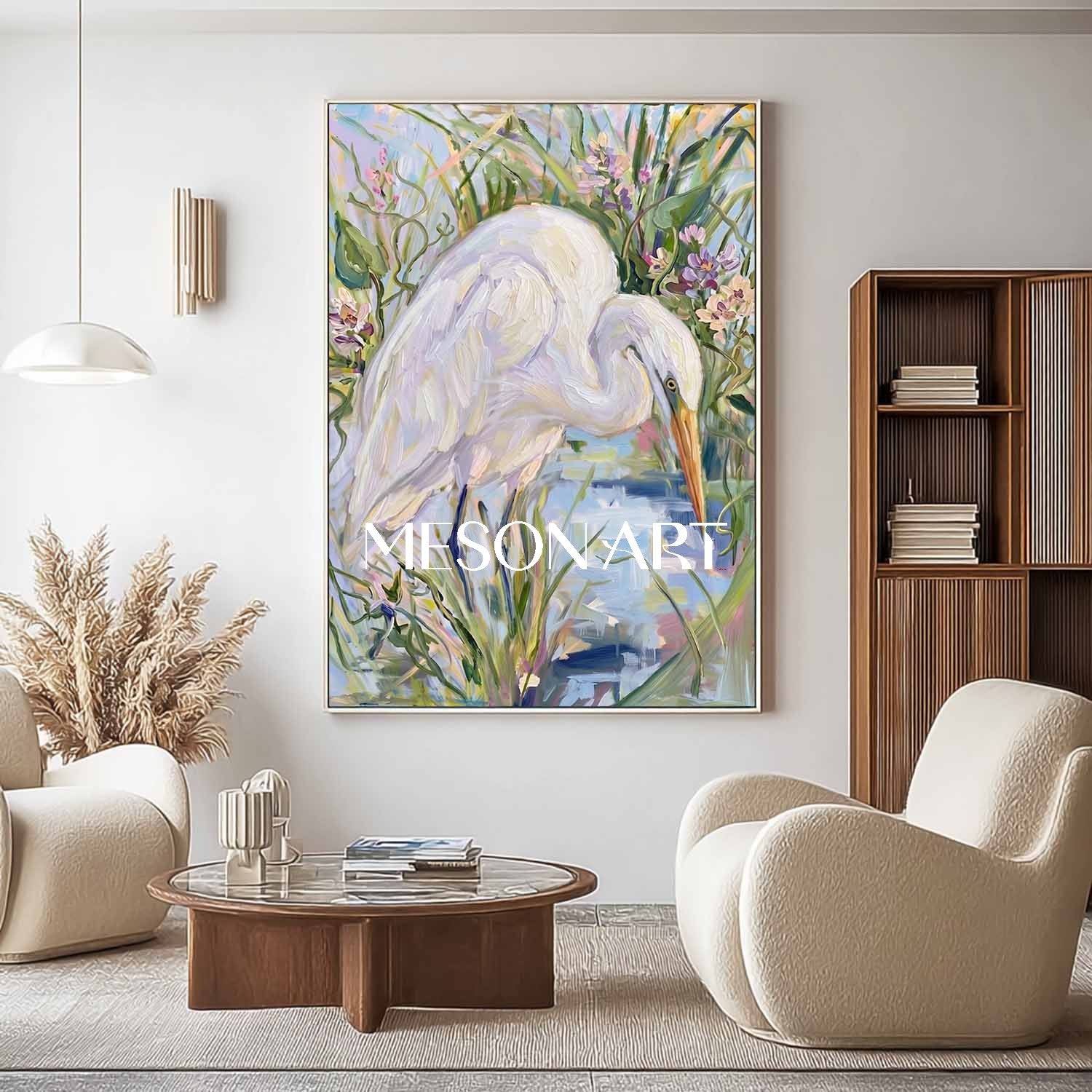 Elegant Egret Painting With Floral Landscape For Modern Living Room Decor