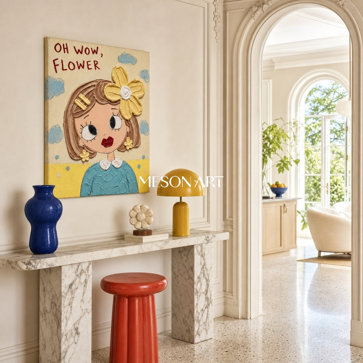 Colorful Cartoon Girl Painting With Floral Accents For Kids Bedroom Decor