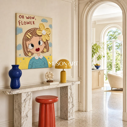 Colorful Cartoon Girl Painting With Floral Accents For Kids Bedroom Decor