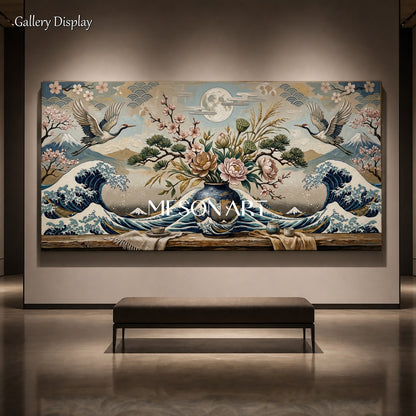 Contemporary Ukiyo-E Wall Art With Waves Cranes And Cherry Blossoms For Living Room Decor