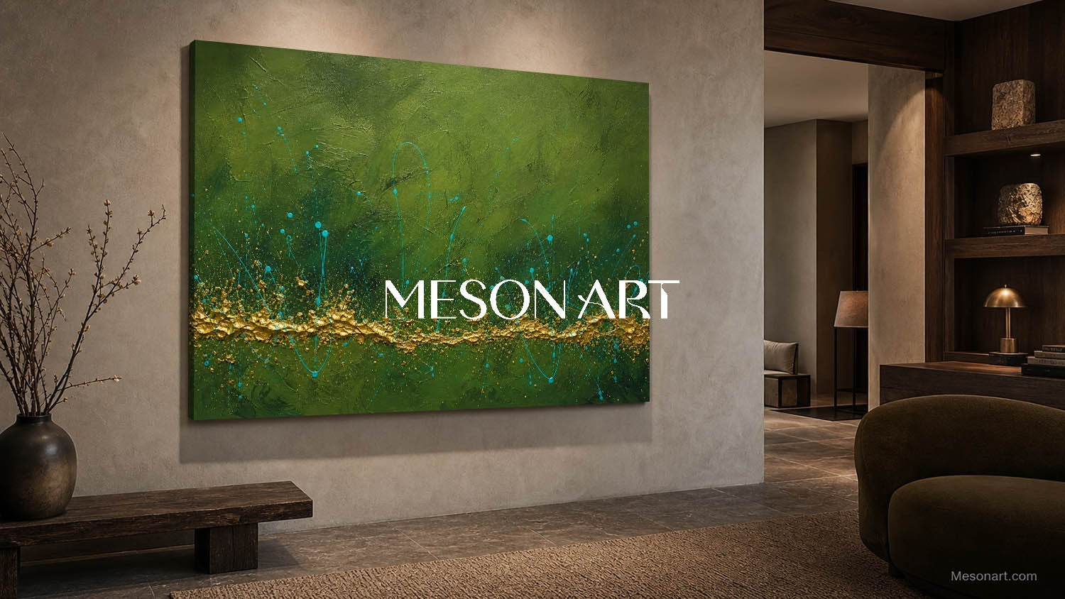Green And Gold Abstract Painting With Textured Relief For Modern Living Room Decor