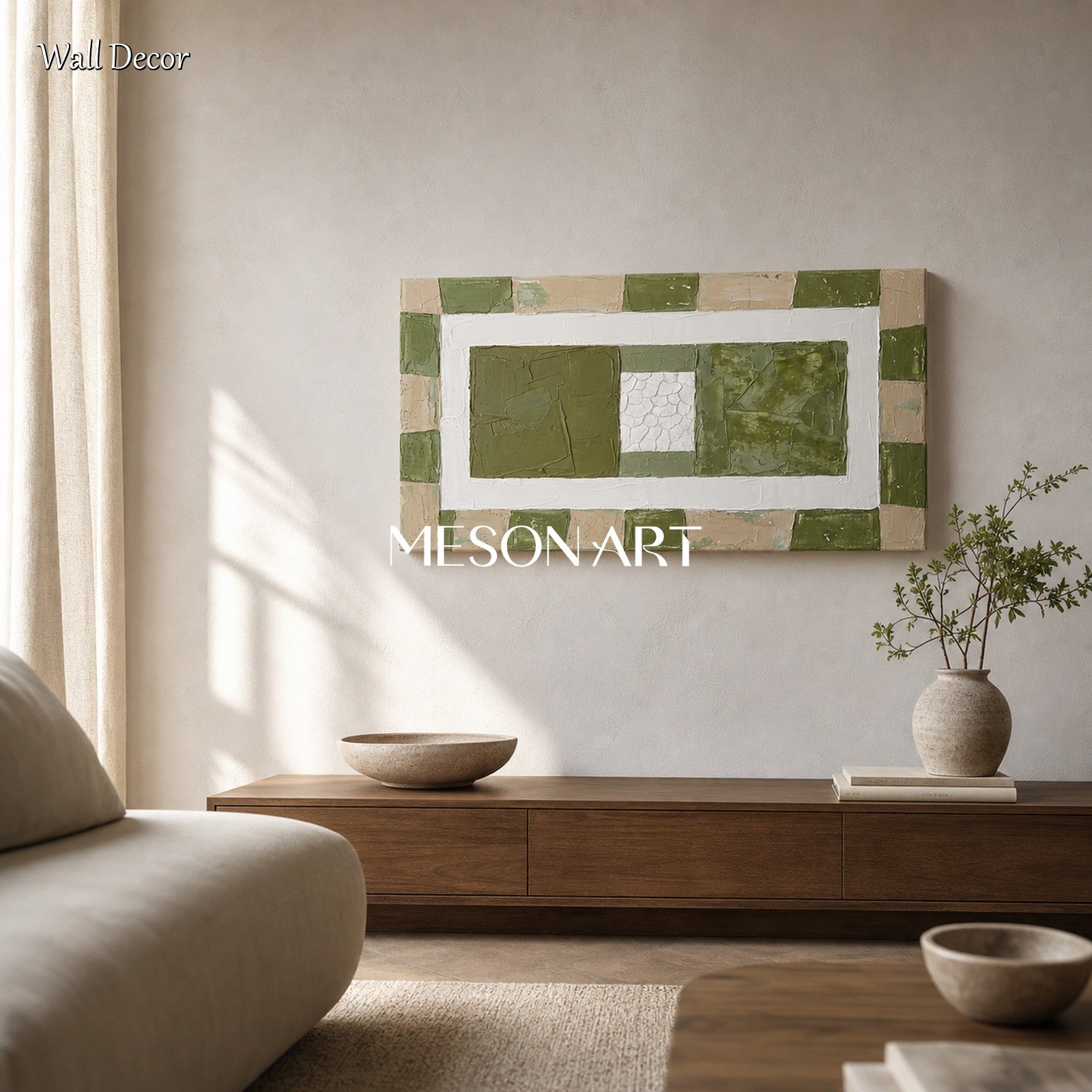 Green Abstract Plaster Texture Art For Modern Living Room Decor With Geometric Design