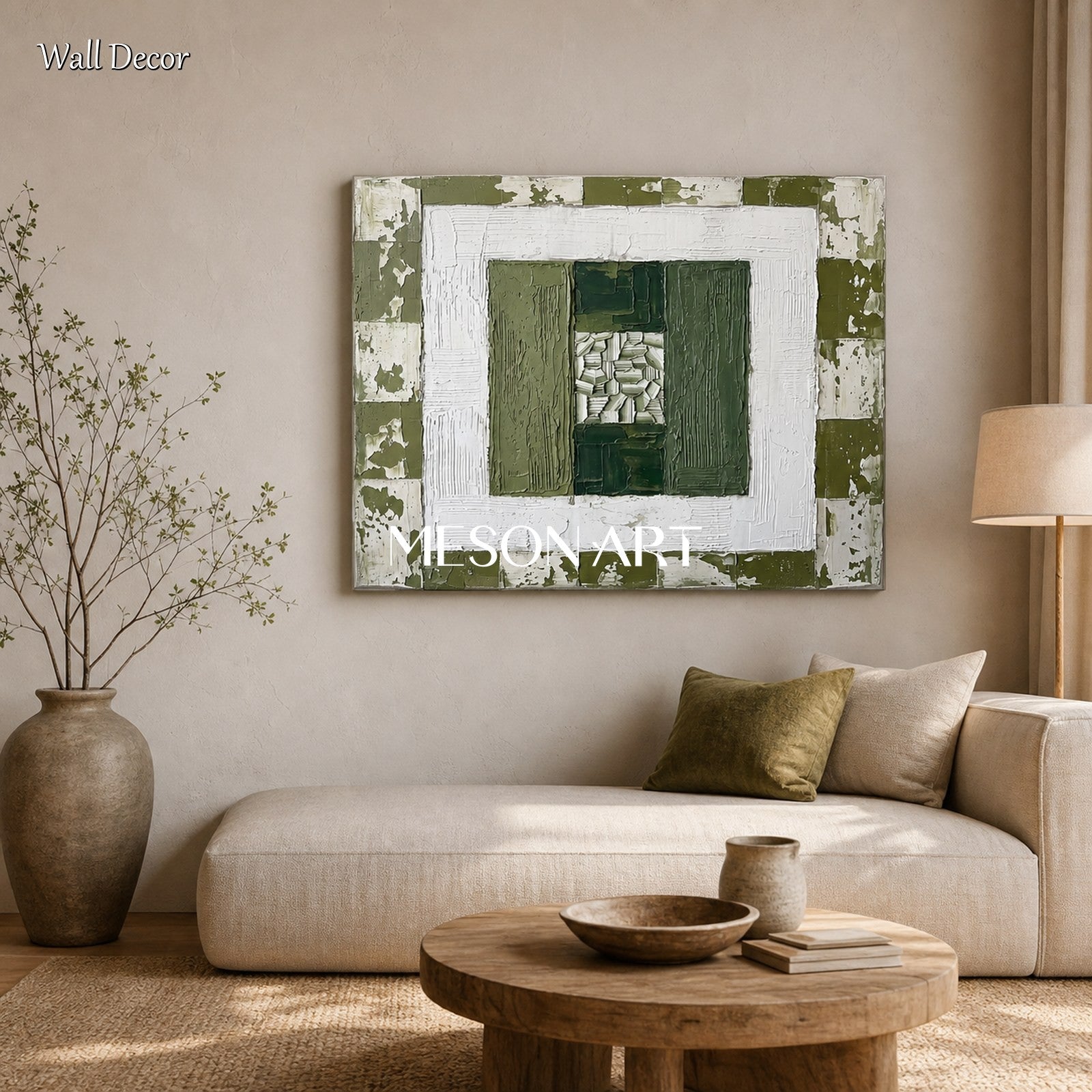 Green And White Abstract Wall Art With Textured Relief For Modern Living Room Decor