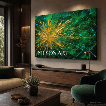 Abstract Gold And Green Explosion Art For Modern Living Room With Metallic Accents