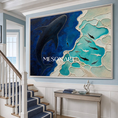Original Whale Silhouette Ocean Art With Textured Reef For Living Room Decor