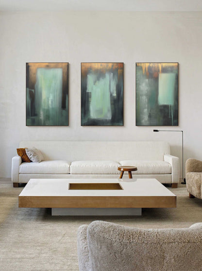 Green and Gold Minimalist Art 3 Piece Set Wabi-Sabi Wall Art Green and Gold Canvas Wall Art