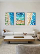 Blue Wave Beach Painting Set of 3 Summer Seaside Holiday Canvas Art Blue Sea Beach Texture Wall Art