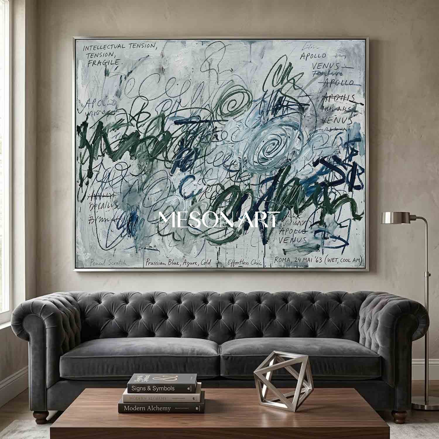 Original Prussian Blue Abstract Painting Large Scribble Art Statement