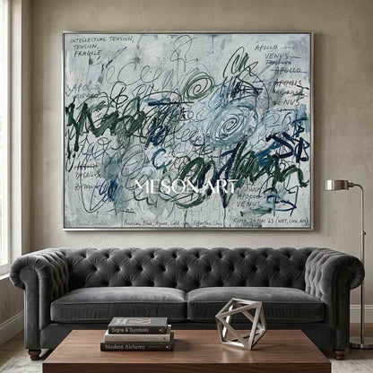Original Prussian Blue Abstract Painting Large Scribble Art Statement