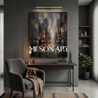 Abstract City Painting With Plaster Texture For Industrial Loft Living Room And Home Office Decor