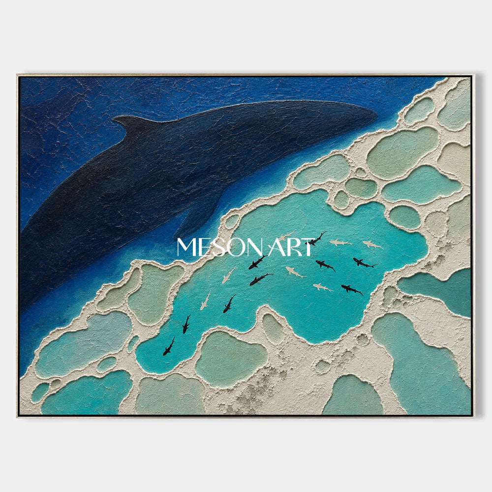 Deep Blue Shark Migration Art With Textured Relief For Modern