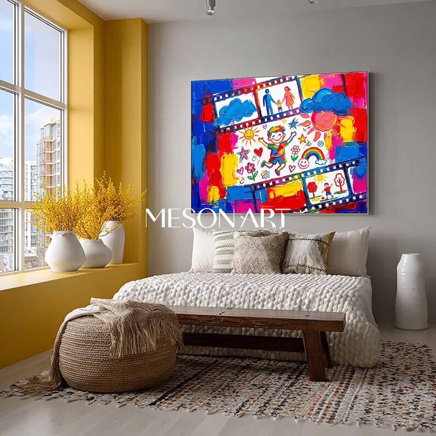 Colorful Pop Art Canvas Painting With Film Strip Motif For Kids Room And Play Area Wall Decor