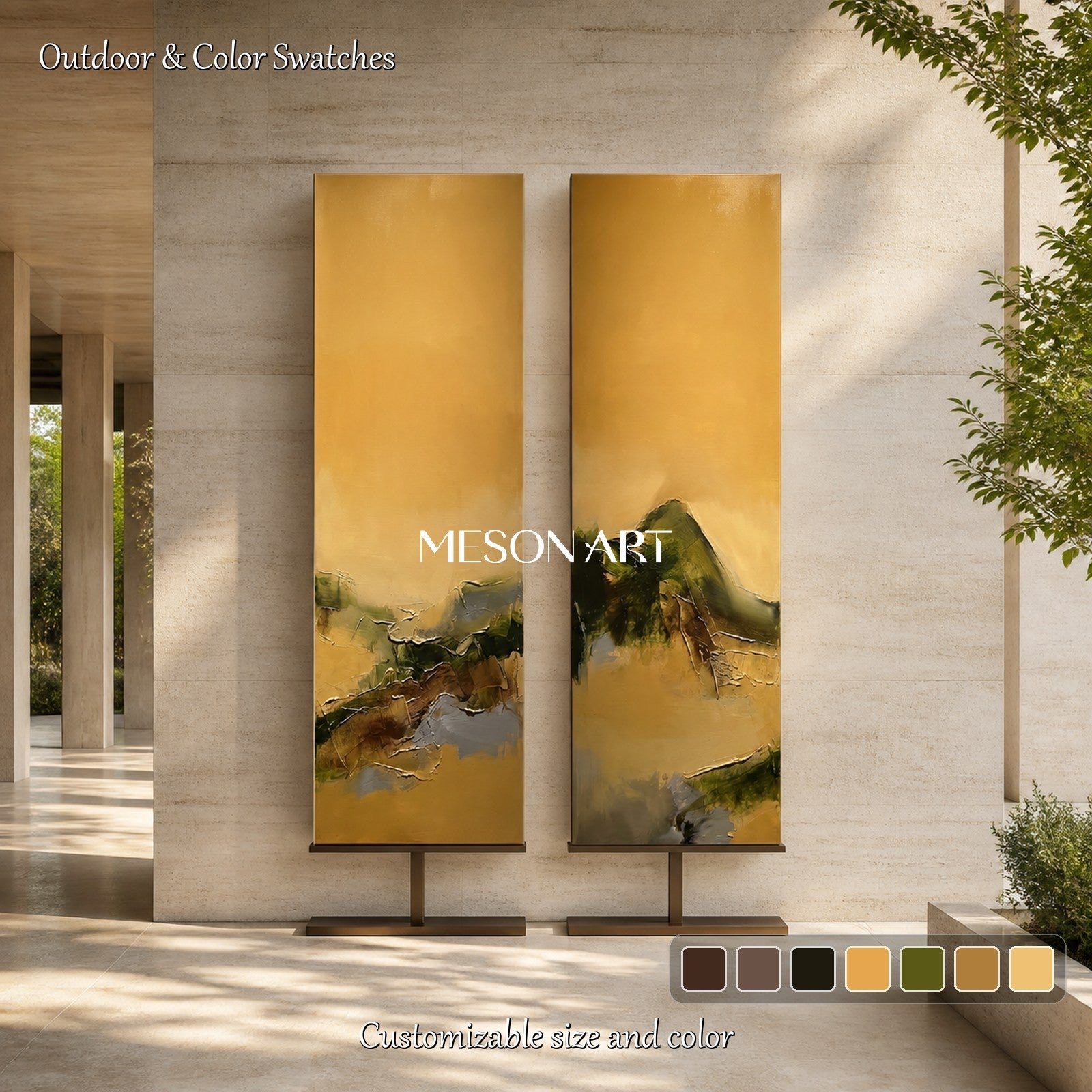 Gold And Green Abstract Expressionist Painting Rectangular Wall Art Original Artist Hand Painted By Mesonart