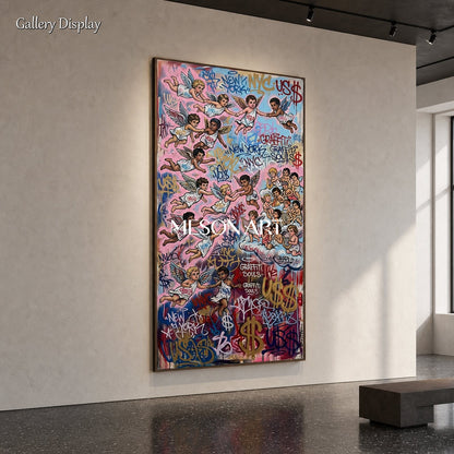 Pink And Gold Graffiti Art Panoramic Wall Decor For Living Room Original Artist Hand Painted By Mesonart