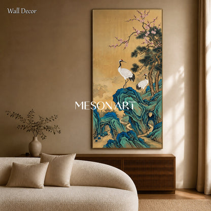 Gold And Blue Gongbi Painting Panoramic Bird And Blossom Art Asian Wall Decor By Mesonart