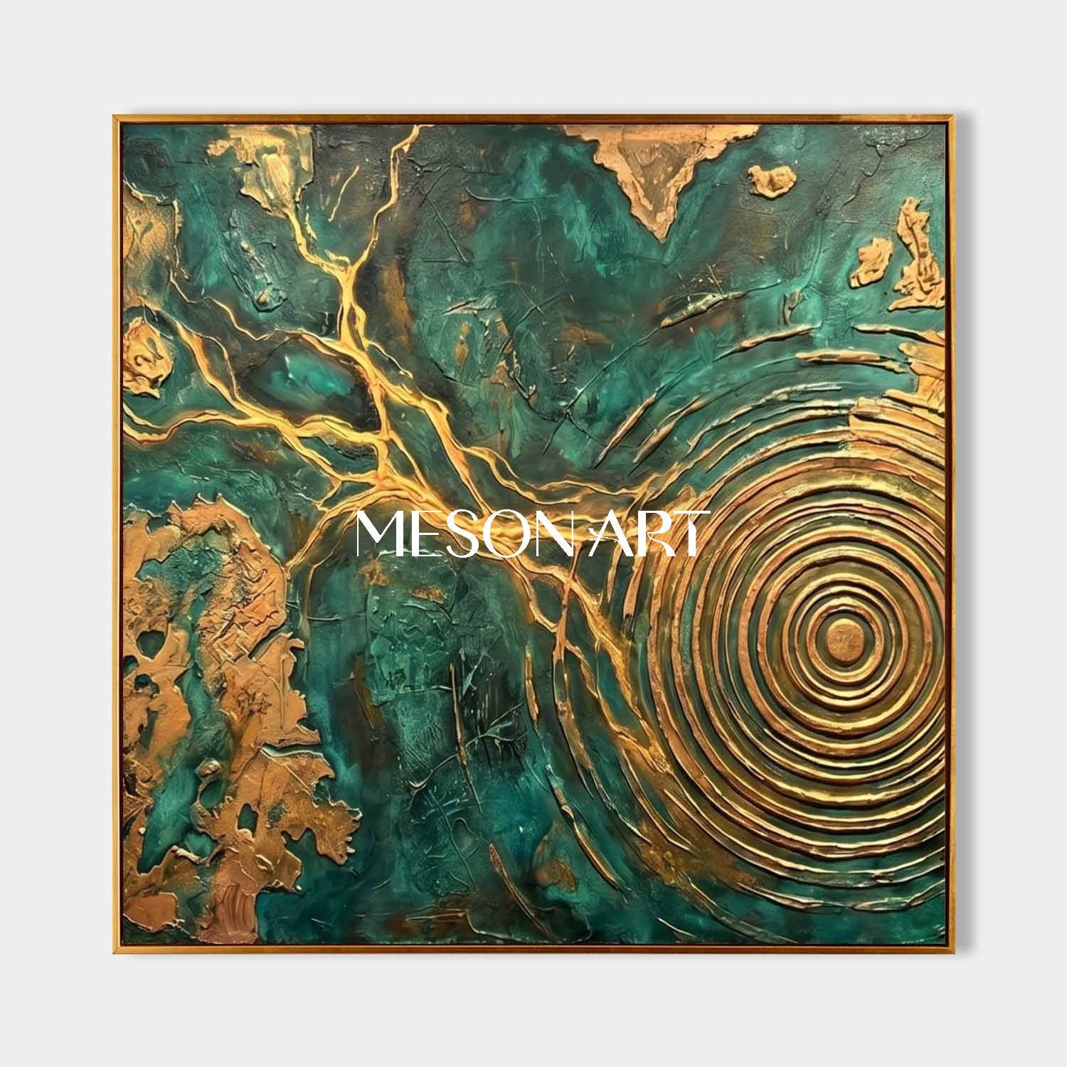 Emerald Green And Gold Abstract Painting With Textured Relief For Modern Living Room Decor