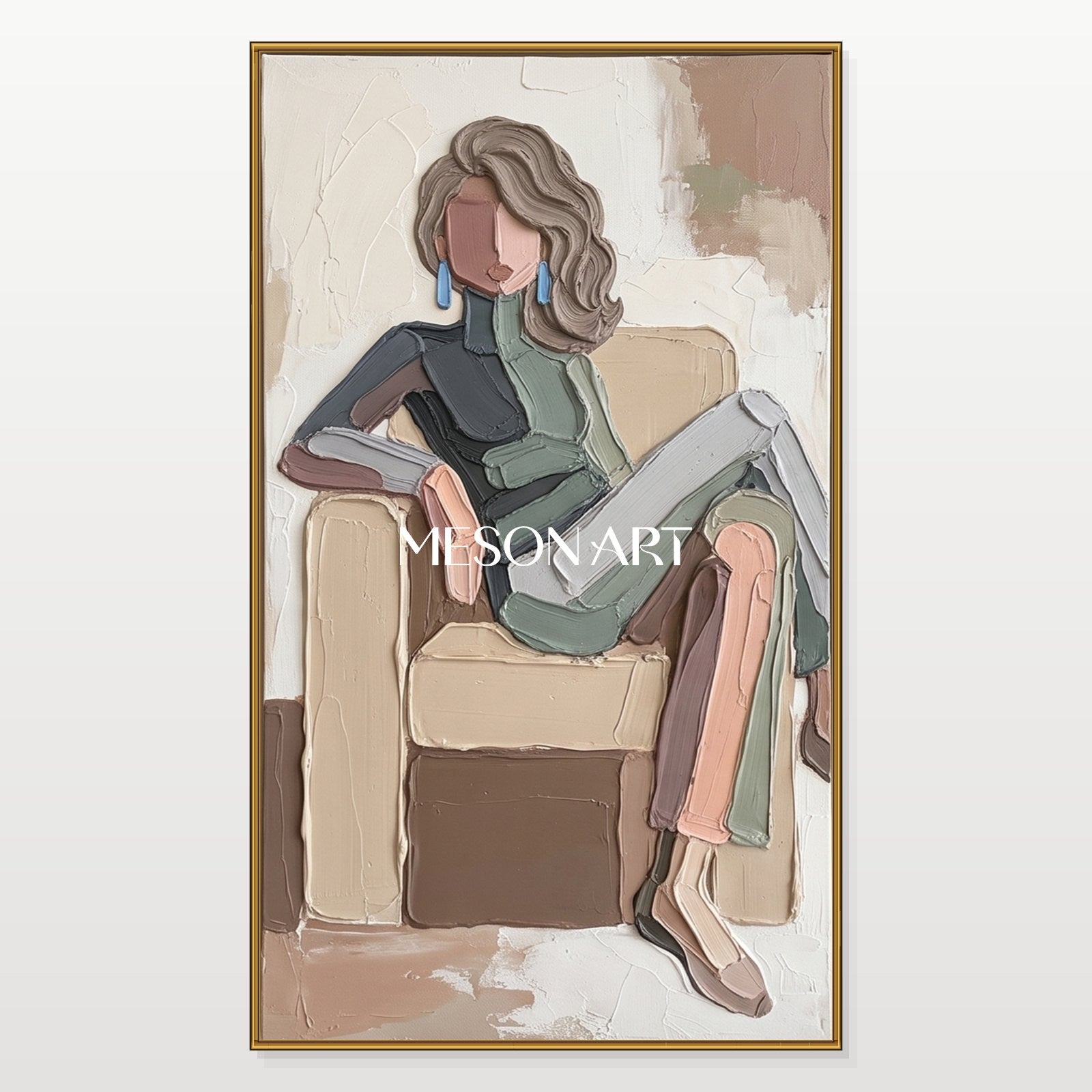 Beige And Black Modern Figurative Painting Panoramic Wall Art For Living Room Original Artist By Mesonart