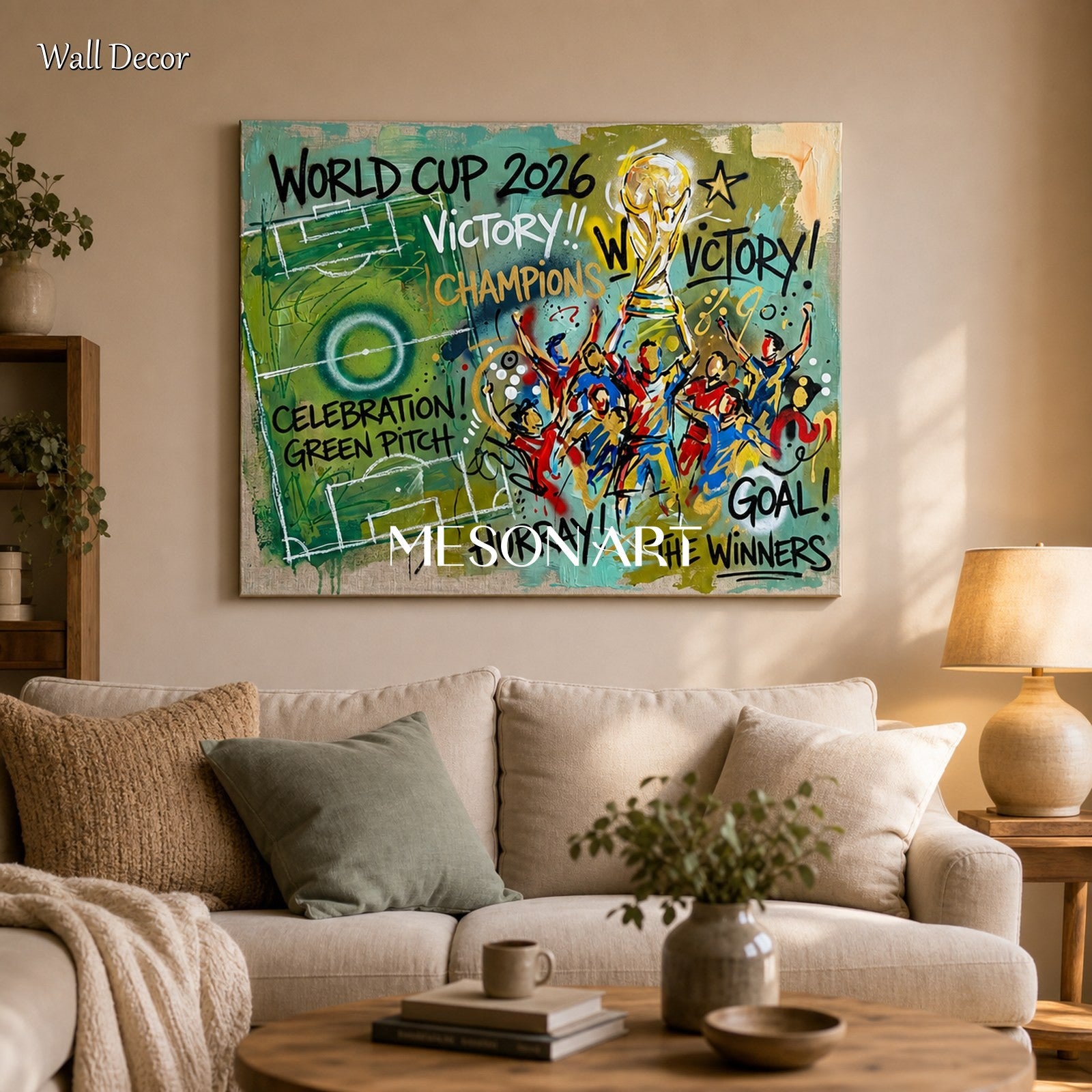 World Cup Victory Graffiti Art For Living Room With Bold Colors And Trophy