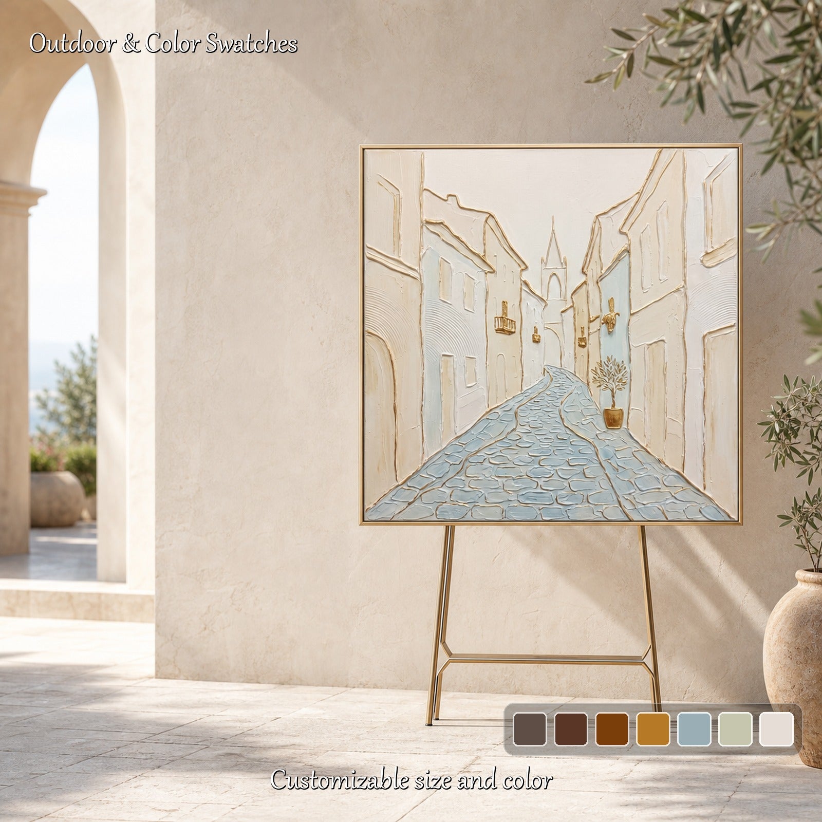 Art Deco City Painting With Gold Texture For Modern Living Room Decor