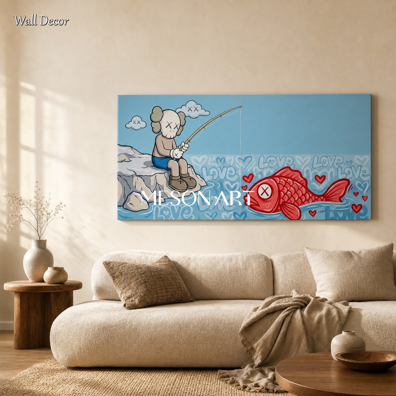 Modern Pop Art Painting With Red Fish And Blue Sky For Living Room Decor