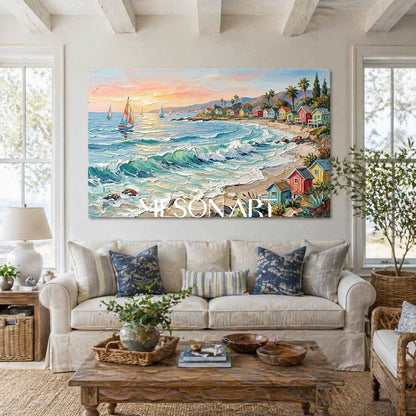 Luxury Mediterranean Coastal Oil Painting With Colorful Cottages And Turquoise Waves For Living Room