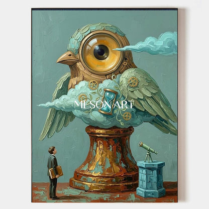 Surrealist Mechanical Owl Canvas Art With Gold Gears For Living Room And Home Office Decor