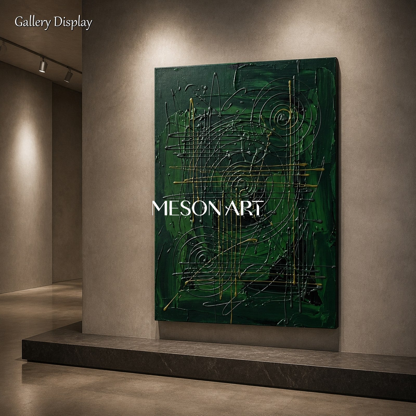 Green And Gold Jackson Pollock Inspired Gestural Abstract Painting Rectangular Wall Art For Living Room By Mesonart