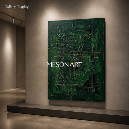 Green And Gold Jackson Pollock Inspired Gestural Abstract Painting Rectangular Wall Art For Living Room By Mesonart