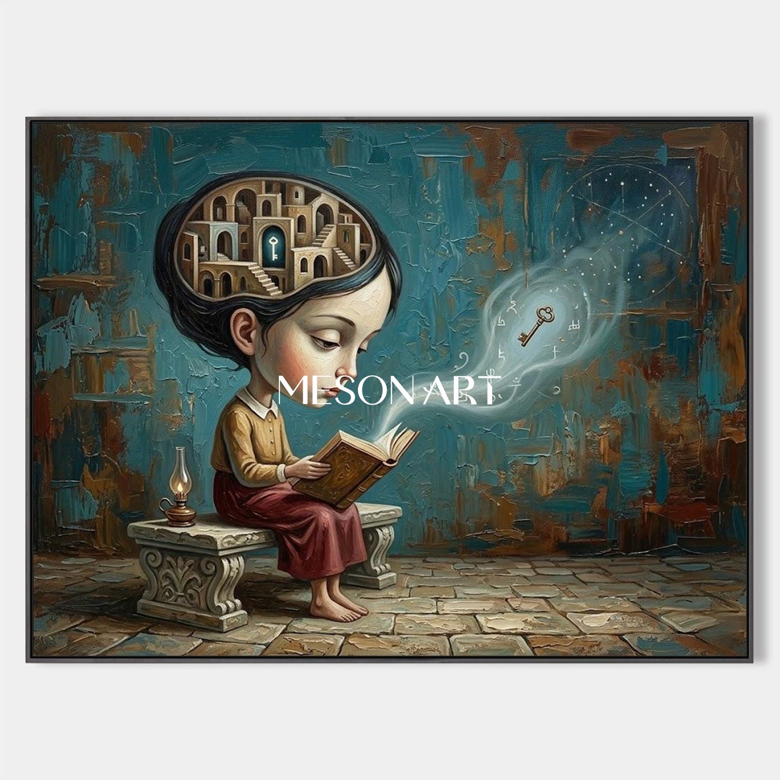 Surrealist Girl Reading Painting For Home Office Wall Art With Blue And Brown Tones