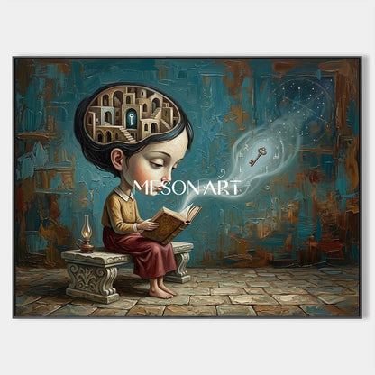 Surrealist Girl Reading Painting For Home Office Wall Art With Blue And Brown Tones