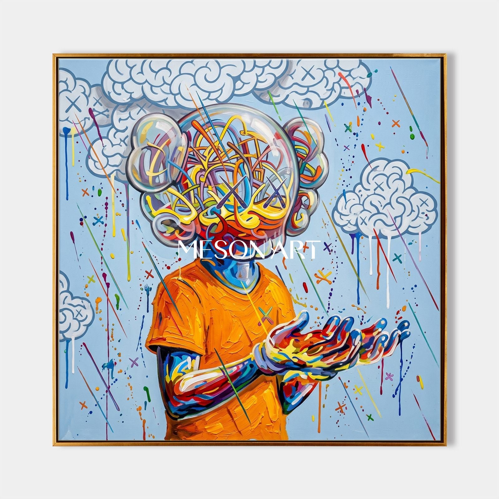 Vibrant Pop Art Painting With Glass Head Figure For Modern Living Room Decor