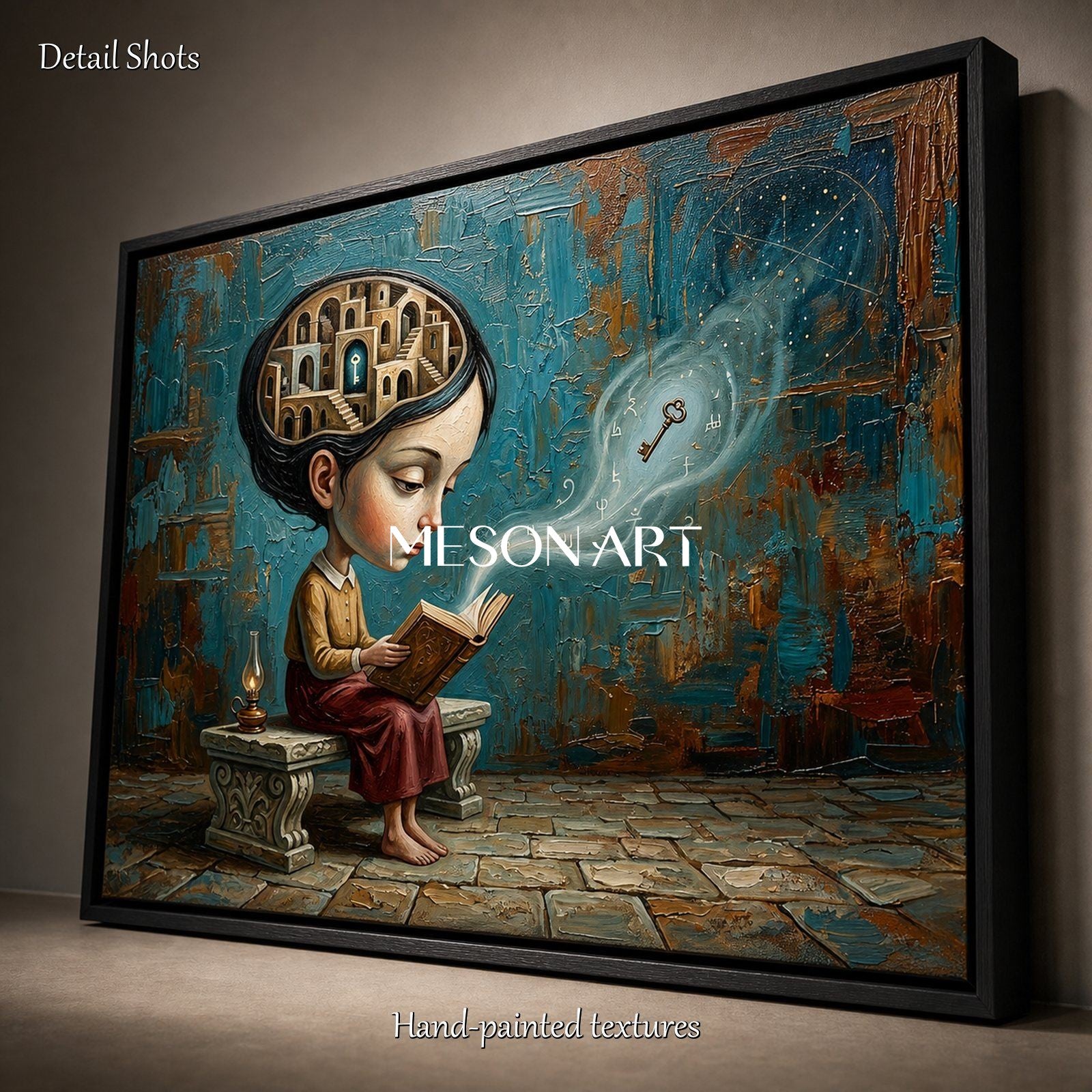 Surrealist Girl Reading Painting For Home Office Wall Art With Blue And Brown Tones
