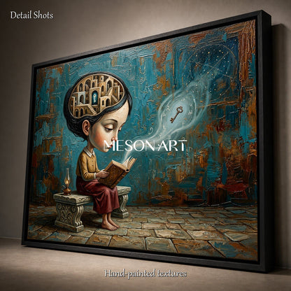 Surrealist Girl Reading Painting For Home Office Wall Art With Blue And Brown Tones