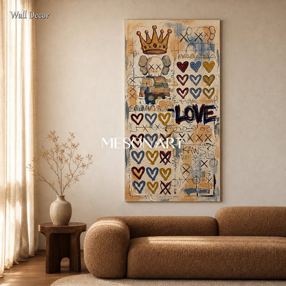 Abstract Pop Art Painting With Crown And Hearts For Modern Living Room Decor