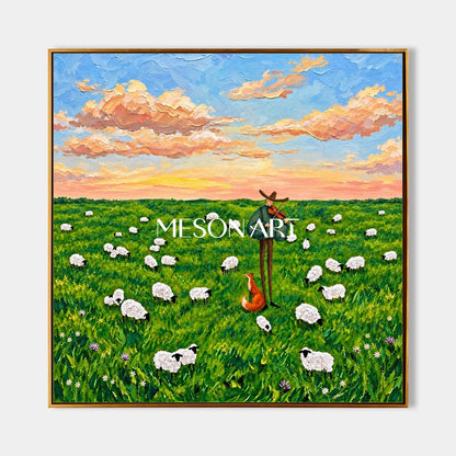 Green And Blue Sky Painting Cottagecore Pastoral Square Wall Art For Living Room Original Artist By Mesonart