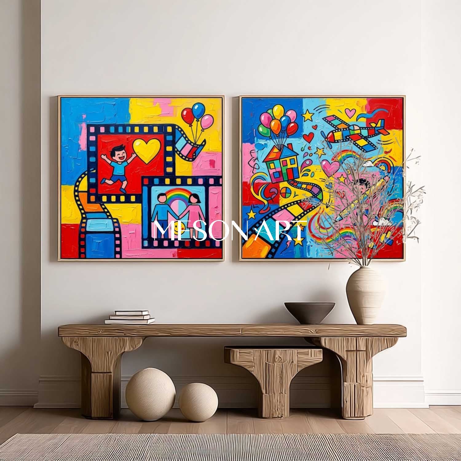 Colorful Pop Art Set Of Two For Kids Room Wall Decor With Film Strip Motif