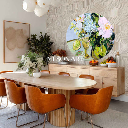 Round Floral Still Life Oil Painting – Vase and Fruit in Impasto