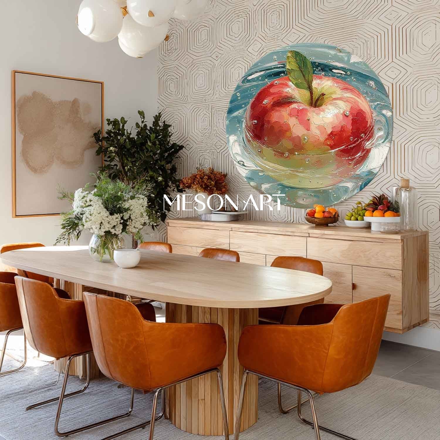 Round Apple Oil Painting on Canvas – Hand-Painted Kitchen Wall Art