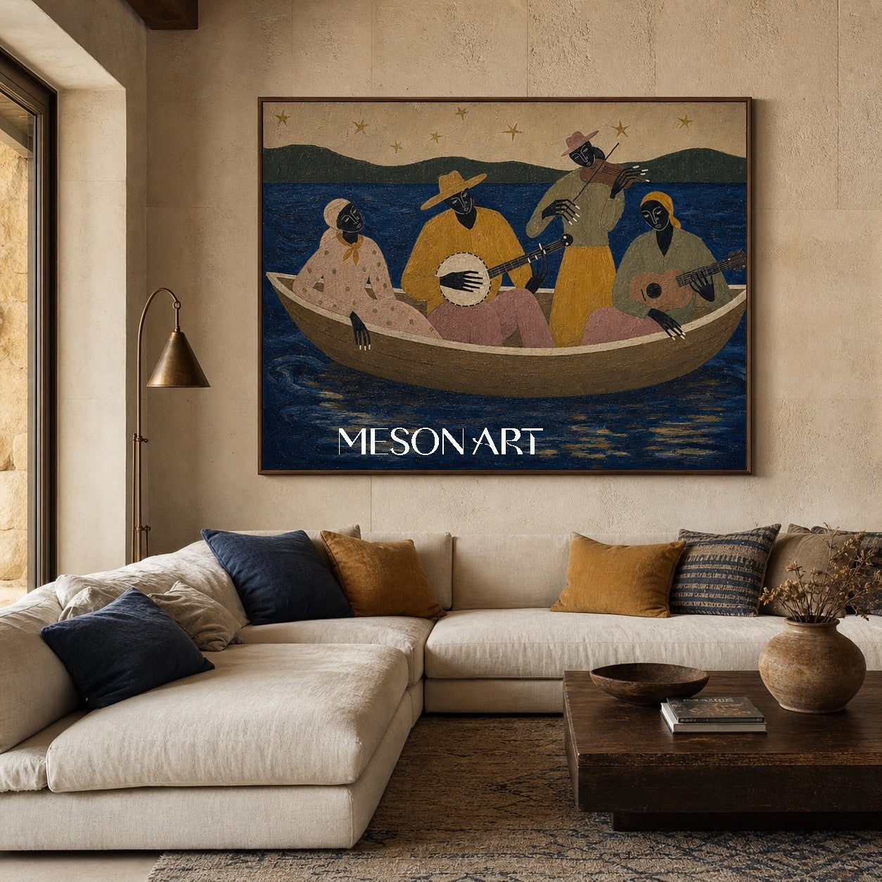 Expressive Musician Boat Painting With Ocean Stars For Living Room Decor
