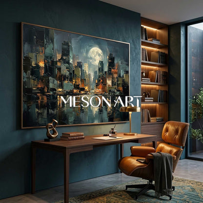 Abstract Cityscape Oil Painting With Textured Plaster Effect For Modern Living Room Decor