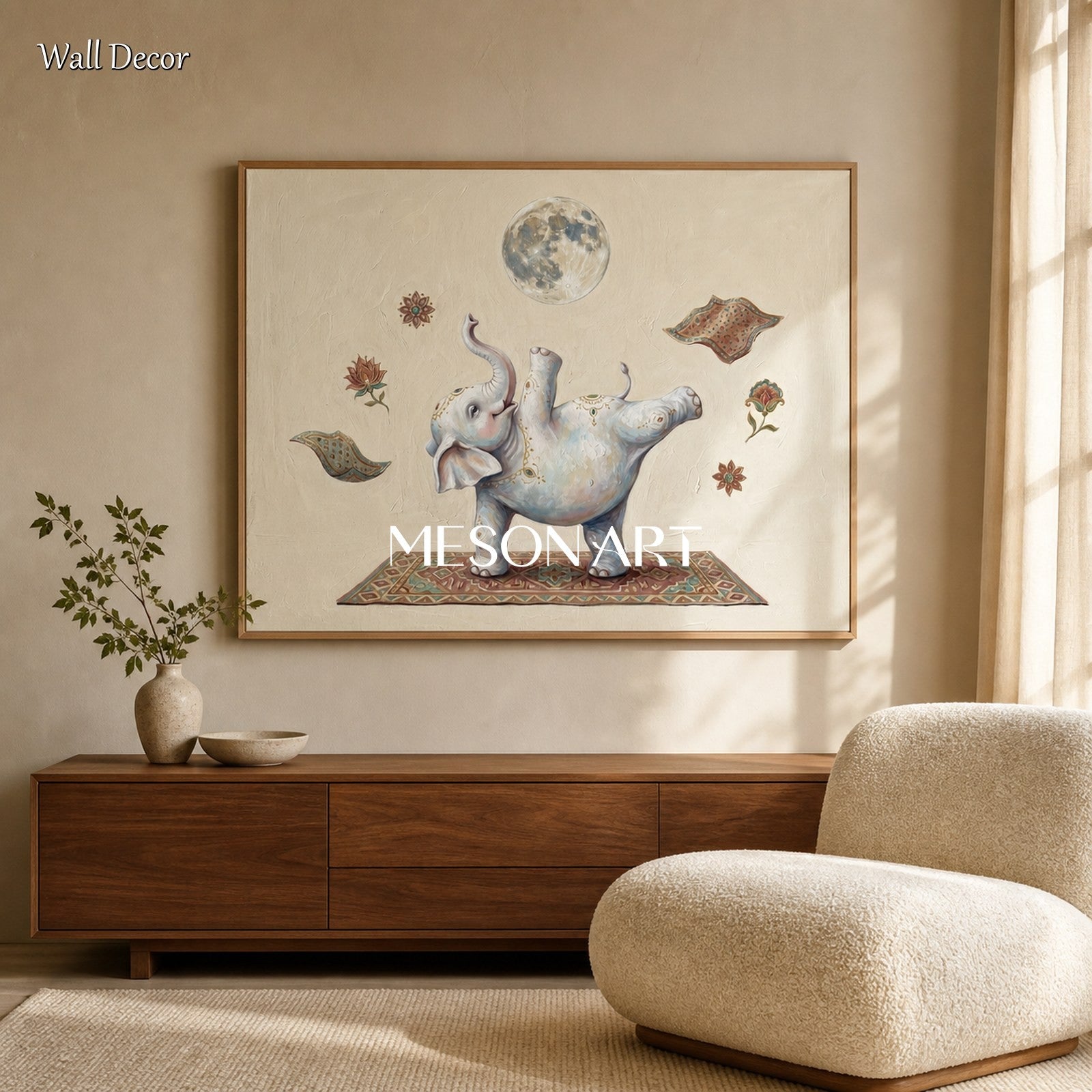 Beige And White Yoga Elephant Original Art Rectangular Wall Decor For Living Room By Mesonart